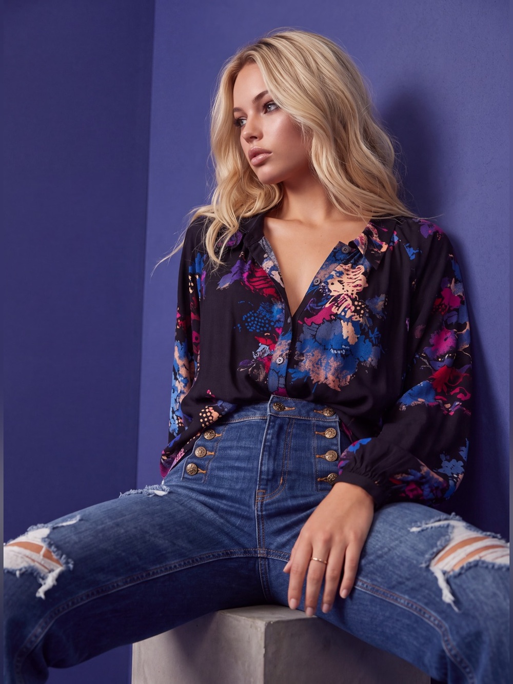 Free People Meadow Lark Black Floral Print Long Sleeve Tunic